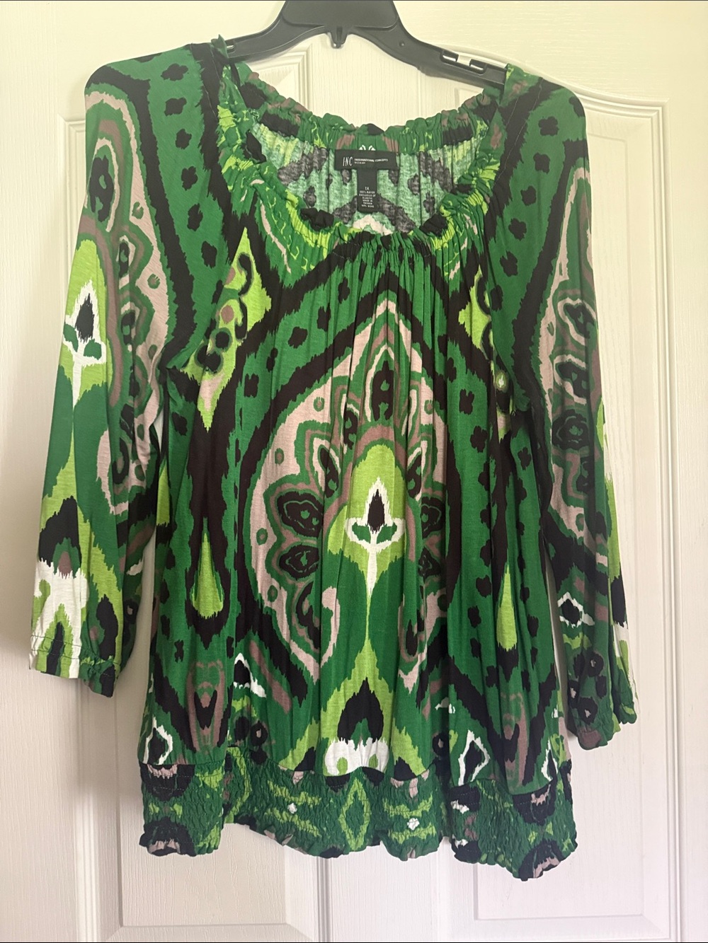 INC Green Patterned Peasant Blouse - 1X